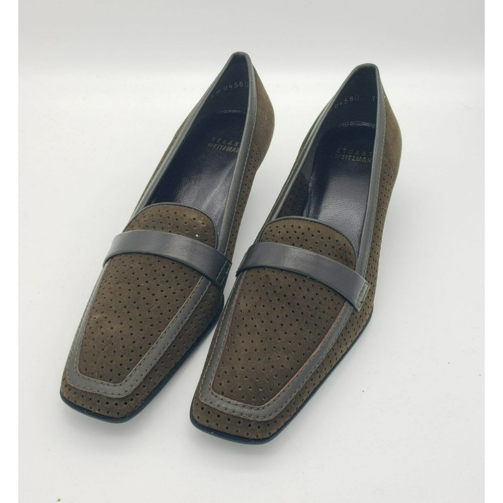Stuart Weitzman Brown Suede Perforated Pumps Square Toe Heels Women's 7.5 M NWOT